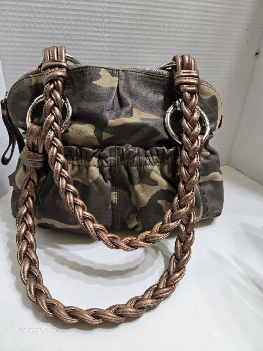 B Makowsky Caroline Camouflage Bronze Brown Tan Green Leather Shoulder Bag